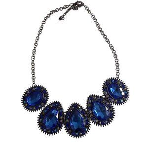 Statement Necklace With Blue Teardrop Rhinestones & Silver-Tone Chain